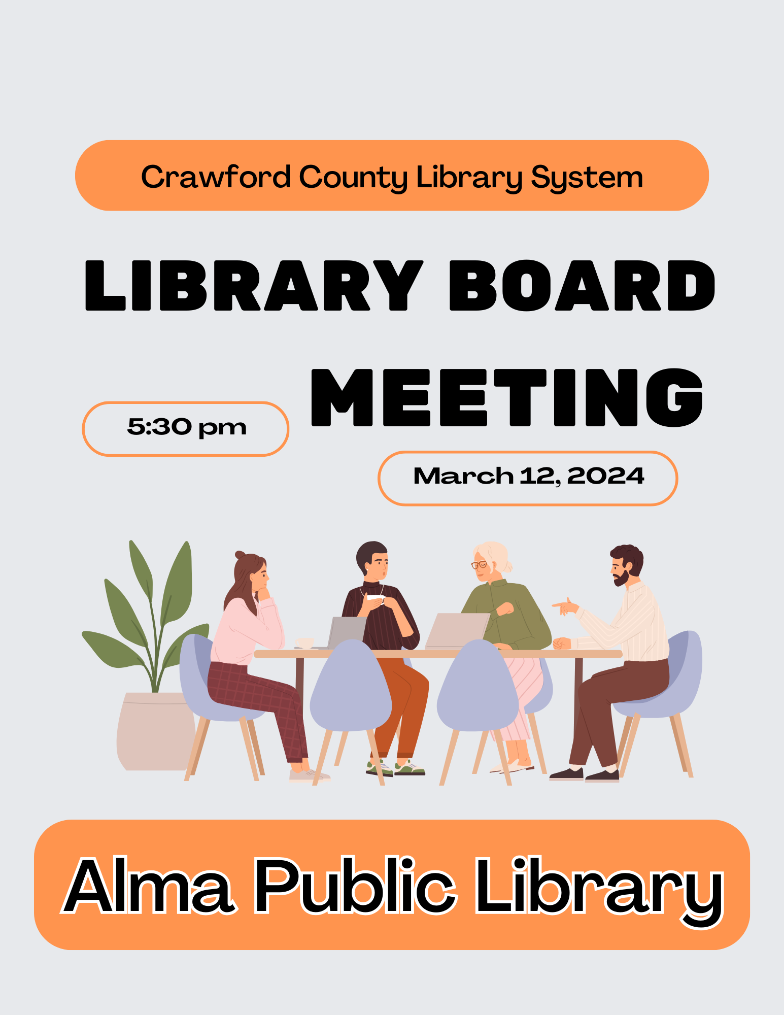 Library Board meeting 5:30 pm March 12, 2024 at the Alma Public Library 